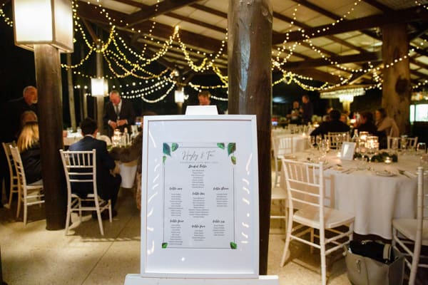 photo of seating chart at outdoor wedding in the Gold Coast