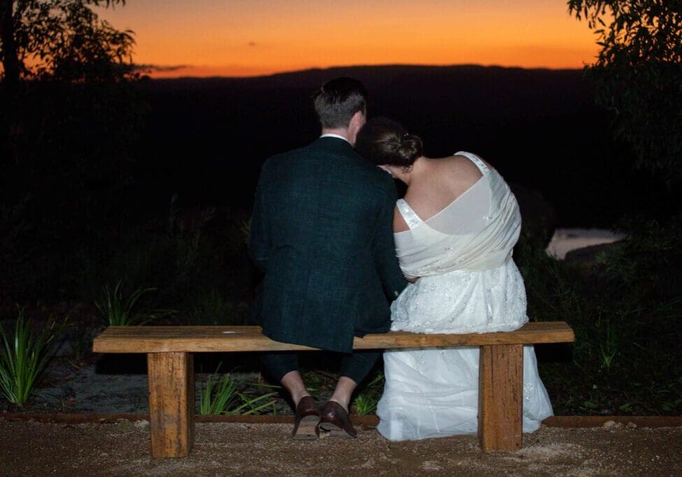 photo of bride and groom at sunset wedding reception in Canberra